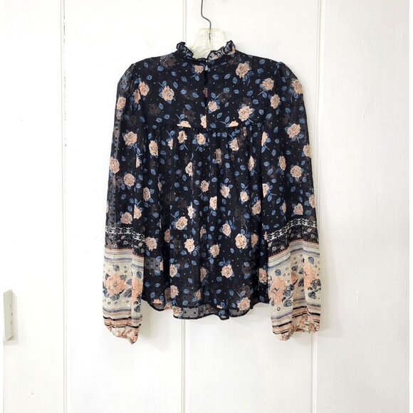 Maison d'Amelie Sheer Georgette High Neck Ruffled Cottagecore Floral Blouse Size - Picture 2 of 4